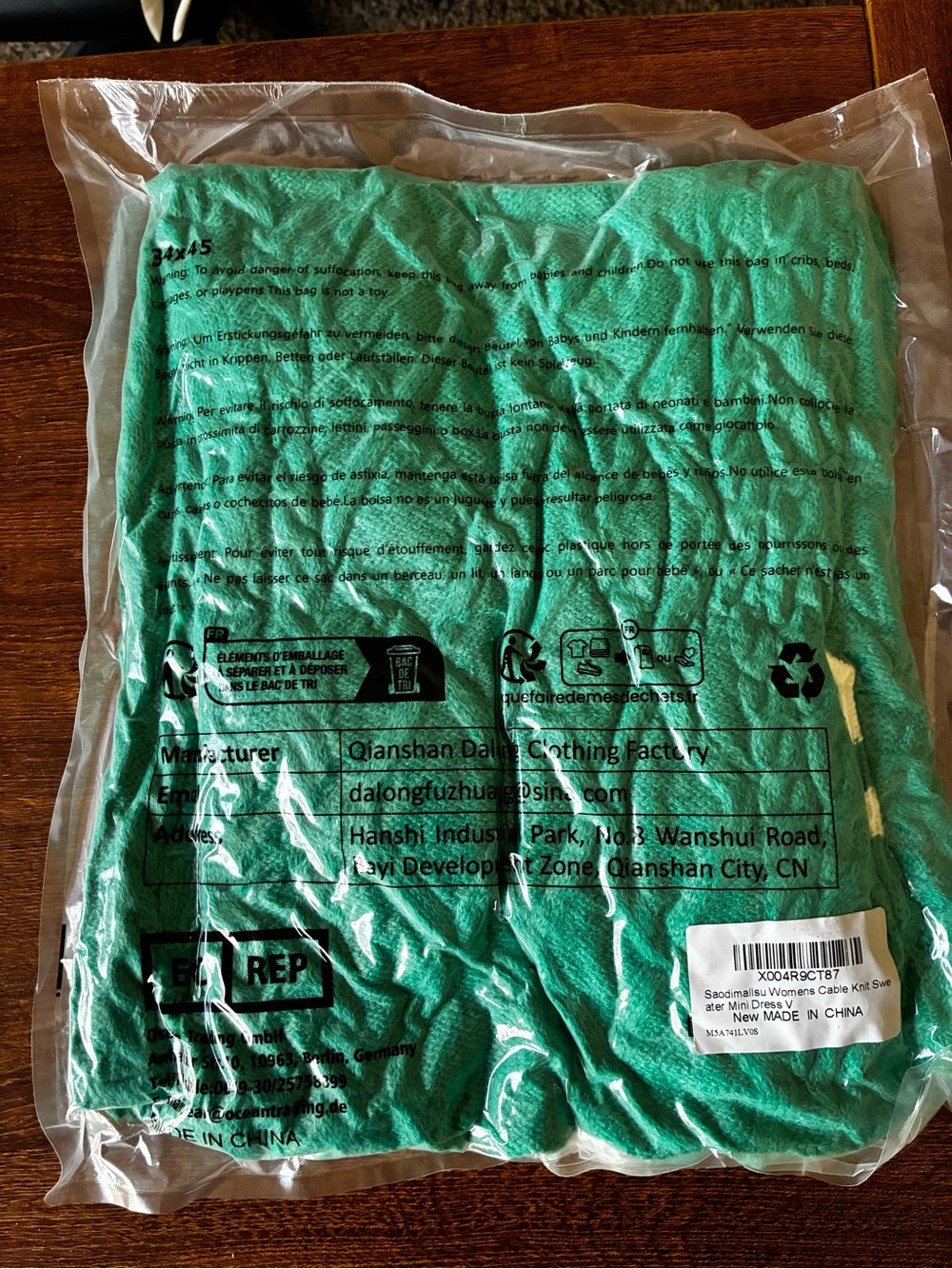 Green Cable Knit V-Neck Sweater Dress with White Trim - Picture 3 of 3